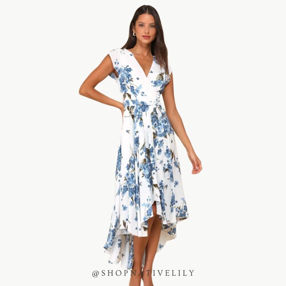 Lulus Women's French Countryside Floral Wrap Dress Sz Medium, White & Blue